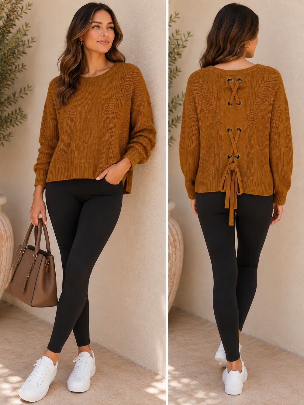 Lucky Brand Women's Pull Over Knit Lace Up Back Long Sleeve Sweater Brown Size M